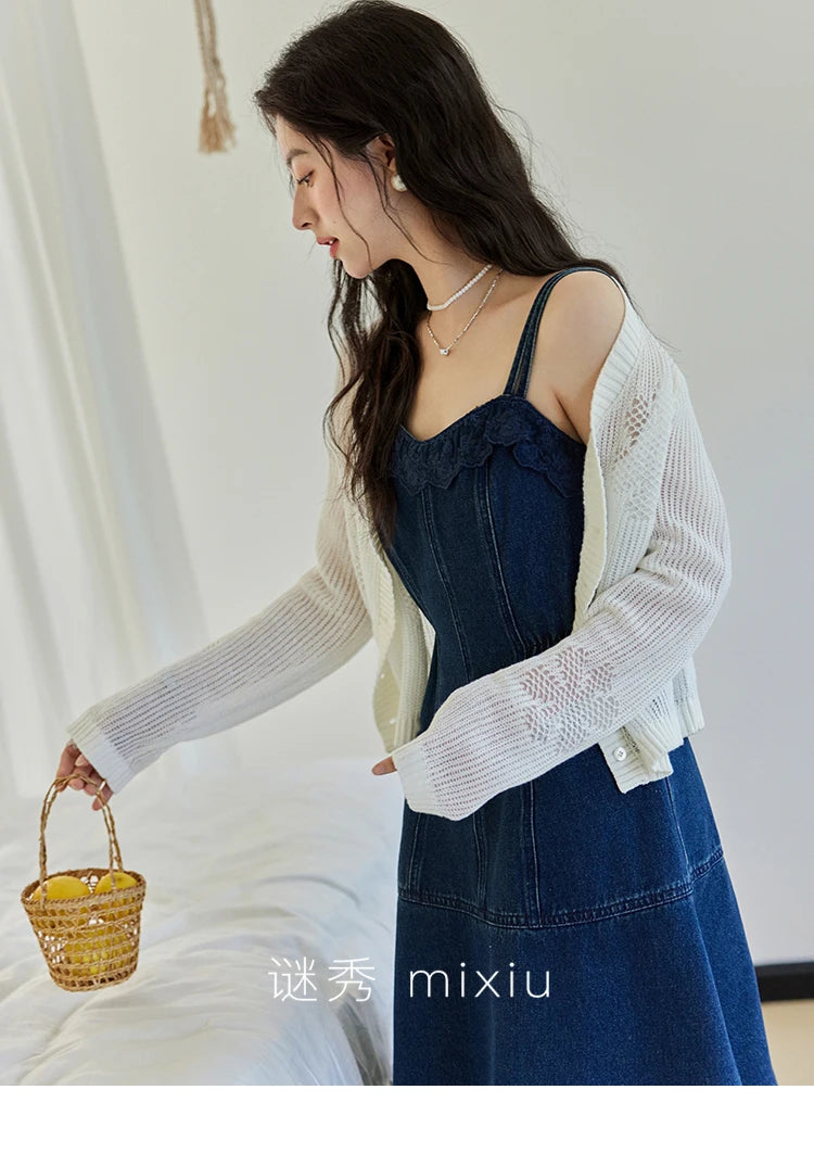 MISHOW Denim Camisole Dress Hollowed Out Cardigan Separately Spring Knitted Cardigan Lace Edge Waist Dress(Not A Set) MXE13L2094