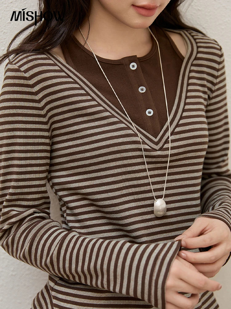 MISHOW Cotton Woman Long Sleeves Tee 2025 Autumn Winter Retro Fake Two-piece Striped Top Commute Knitted Top Ladies MXE51Z2555