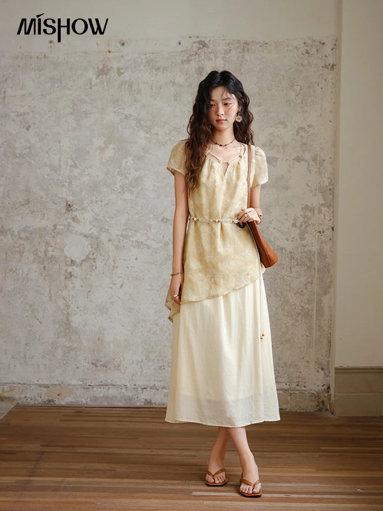 MISHOW Fashion Butterfly Embroidery Dress 2025 Summer Splicing Beaded Collar Comes with Retro Belt Dresses MXE36L2250