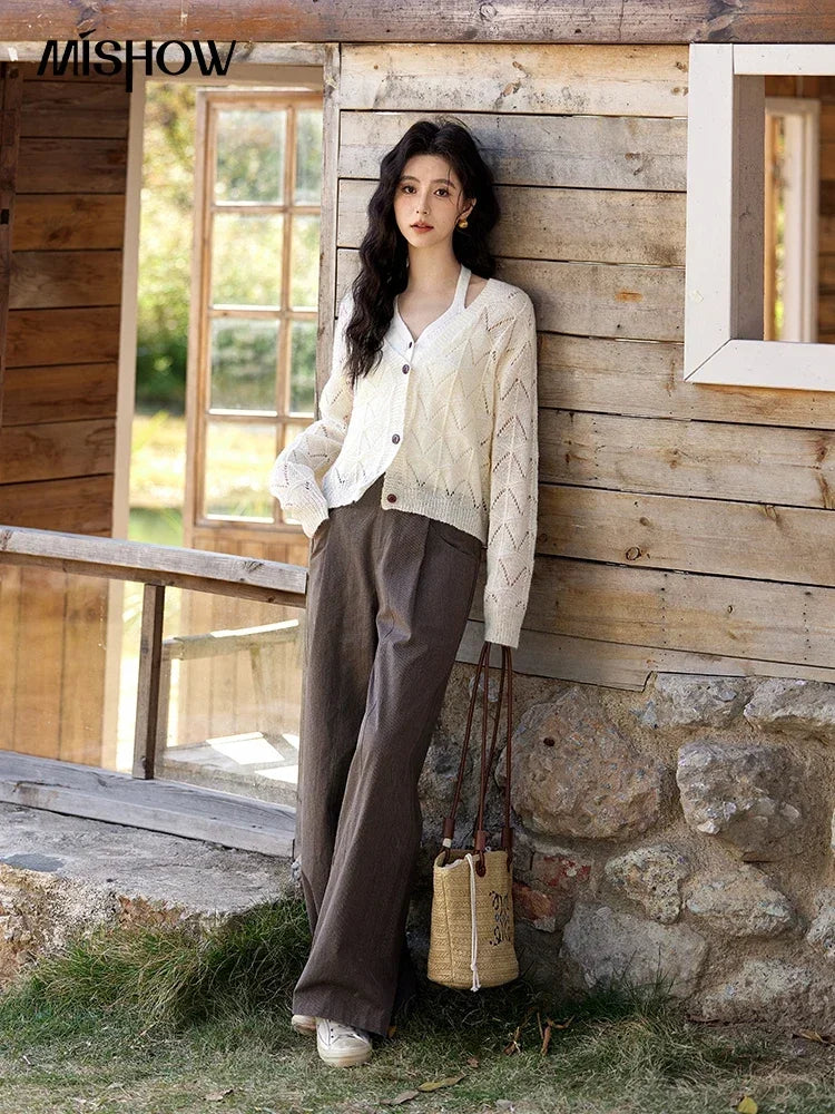 MISHOW French Knit Cardigan Women Separately 2025 Spring New Korean Casual Diamond Plaid Sweet V Neck Hollow Sweater MXE11Z1198