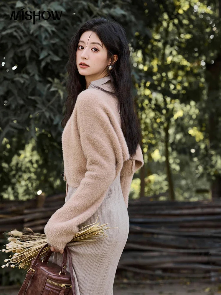 MISHOW Women’s Sweater Top Dress Separately 2024 Fall Winter Fashion Imitation Mink Fur Sweet Coat Knitted Dress MXD45L2043