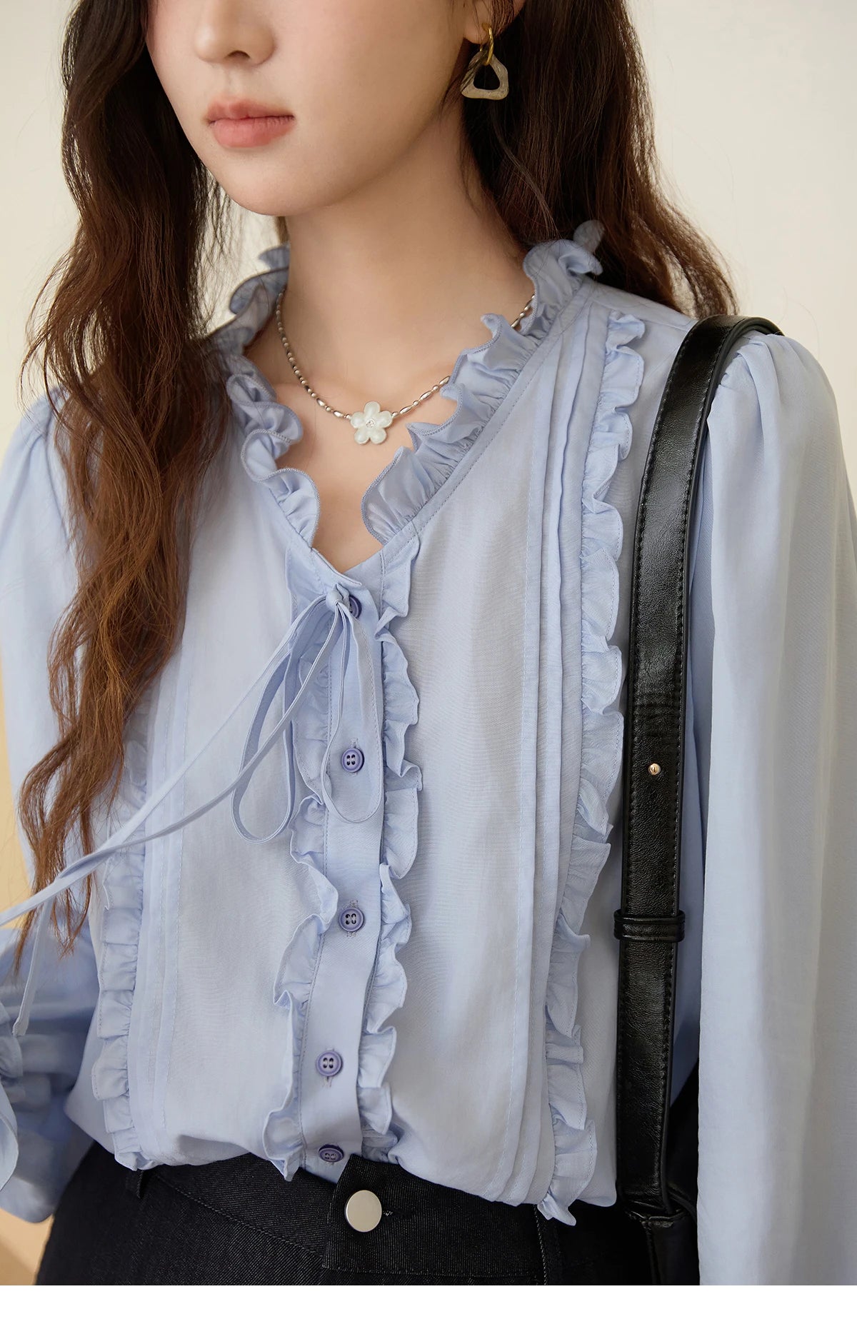 MISHOW 100% Lyocell Women's Blue Shirt 2025 Autumn French Ruffles Long Sleeves Ties Blouse Office Lady Elegant Top MXE45X2484