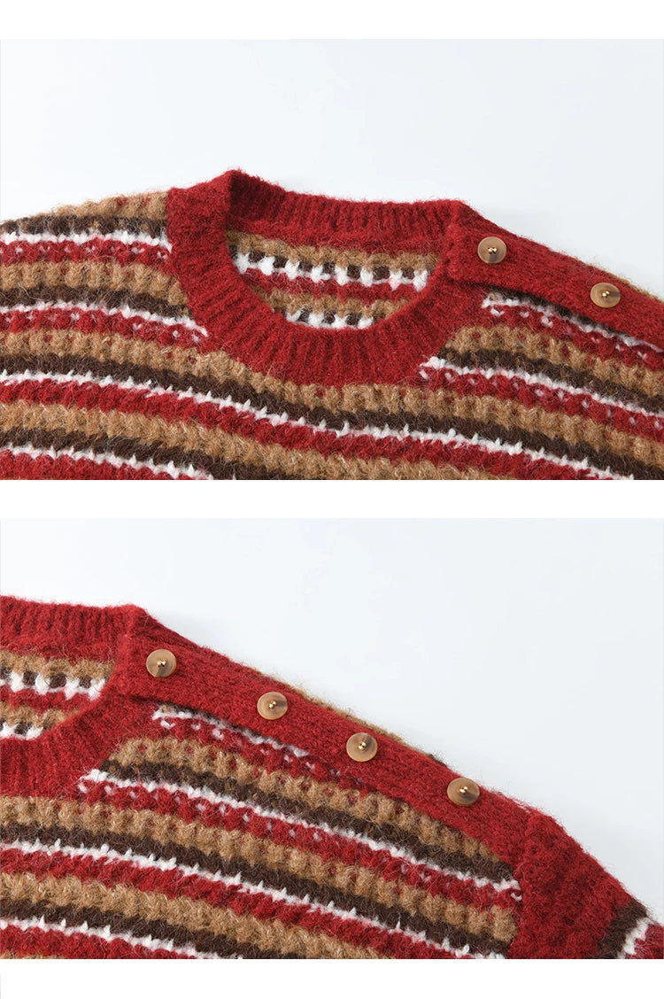 MISHOW Christmas Retro Striped Wool Blend Sweater Women Button Decoration Women Clothing Thick O-Neck Knitted Tops MXD59Z1060