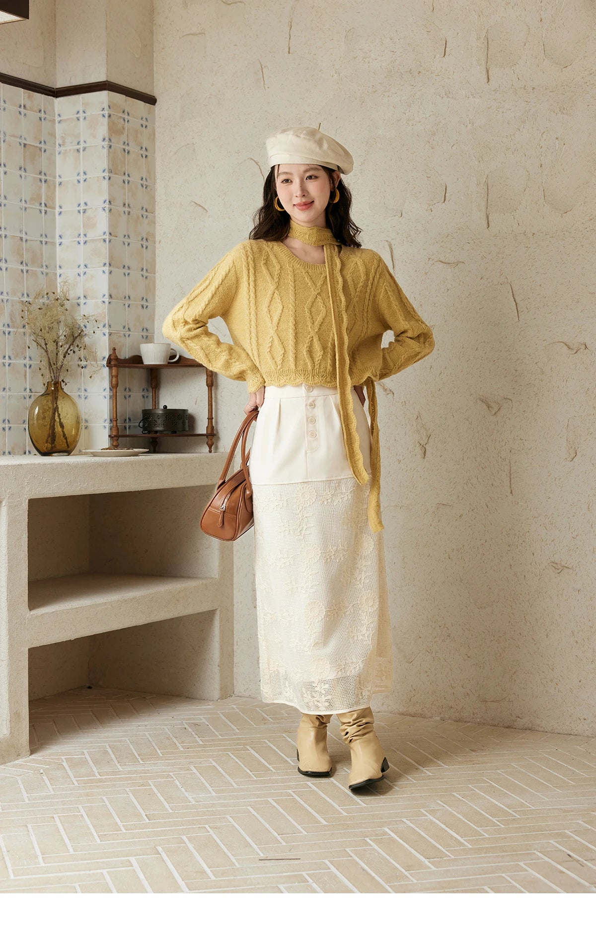 MISHOW Romantic Lace Wave Lace O-neck Knitted Sweater 2024 French Short Top Solid Hollow Elegant Sweater with Belt MPD42Z0736