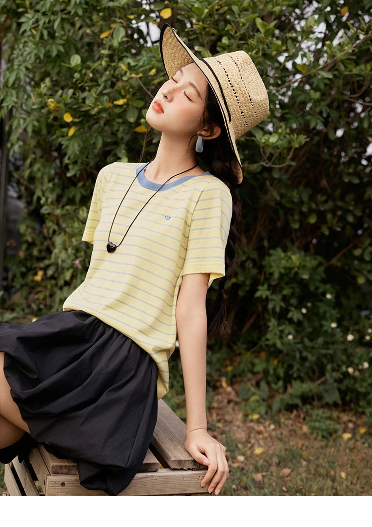 MISHOW Striped Knitted T-shirt for Women Summer 2025 Color Contrasting Round Neck Tees Wool Blended Slim Casual Top MXE35Z1270