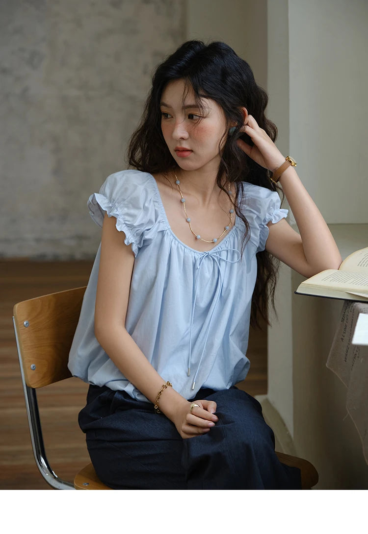 MISHOW 100% Cotton Blouse for Women 2025 Summer New Fashion Puff Sleeve Casual Commute Lace Up Top Ladies Clothing MXE37X1893