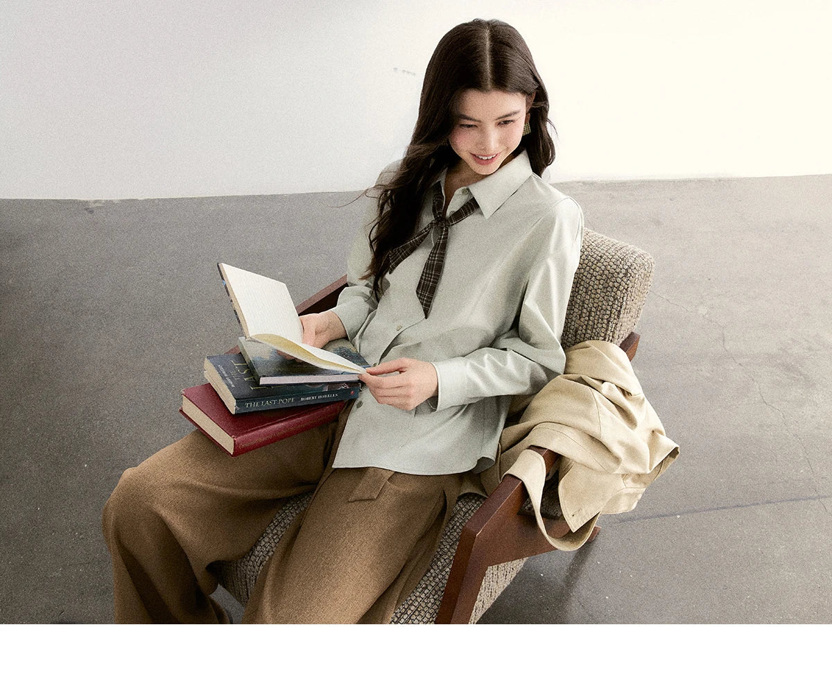 MISHOW Women's Casual Loose Shirt with Plaid Scarf 2026 Spring Lapel Tops Versatile Long Sleeve Shirts Office Lady MXF108C0815