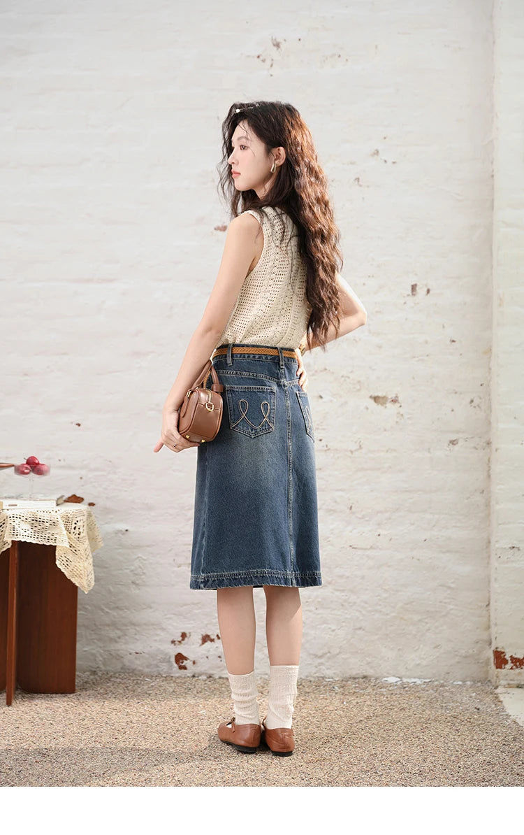 MISHOW Denim Fishtail Skirt 2024 Summer Retro Casual Love Embroidered Pockets Skirt A-line Umbrella Knee-Length Skirt MXD28B0414