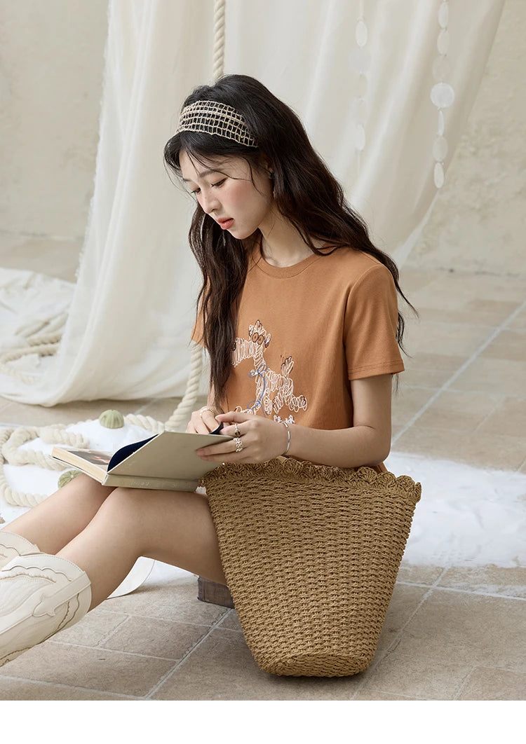 MISHOW Print Women‘s Summer T-shirts 2025 Short Sleeve Round Neck Loose Design Shirt Female Slim Embroidery Tops Lady MXE31T0550