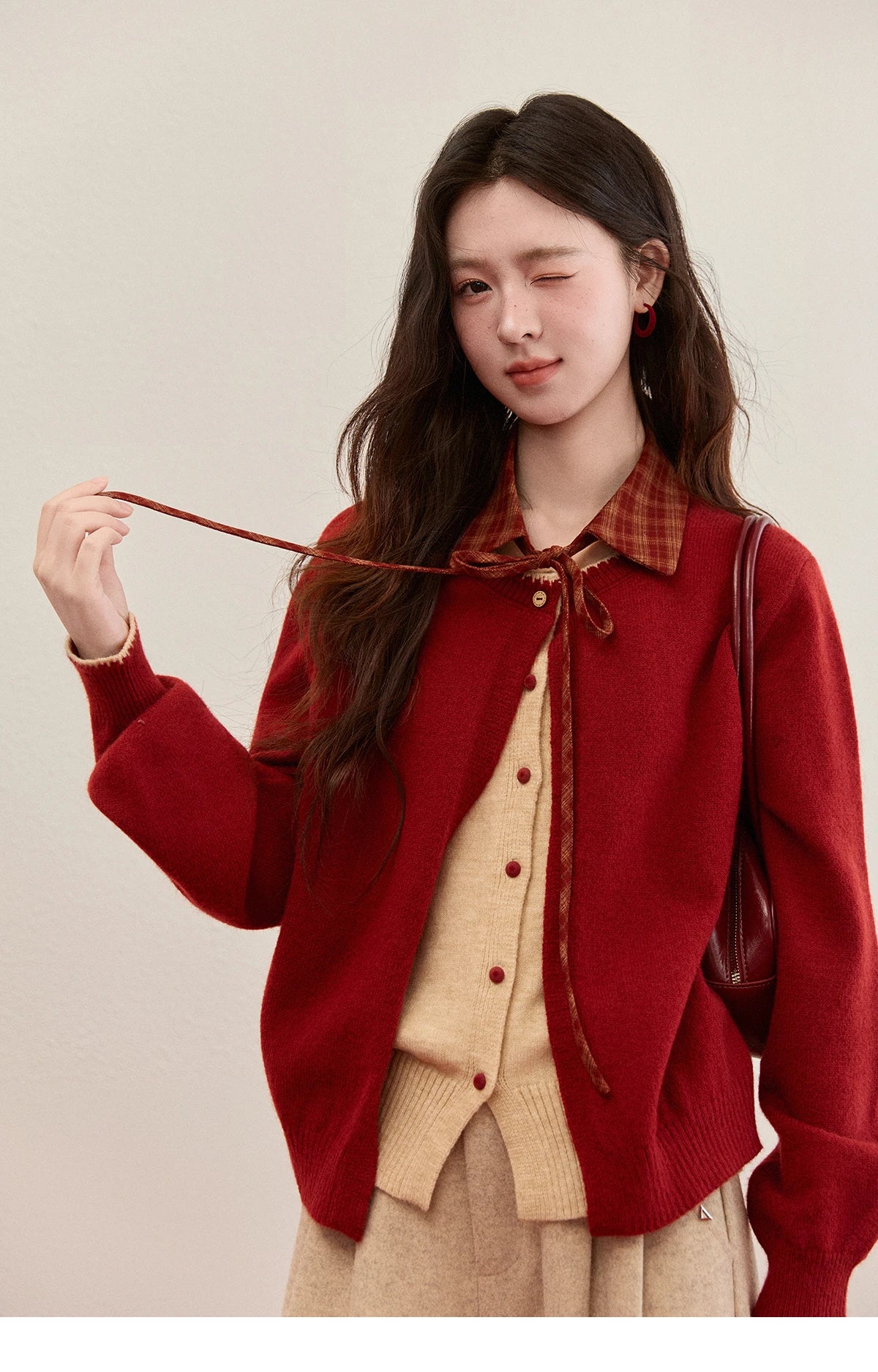 MISHOW Color Block Contrast Fake Two-Piece Cardigan Women Winter Removable Plaid Collar Tie Thickened Knitted Sweater MXE93Z2816