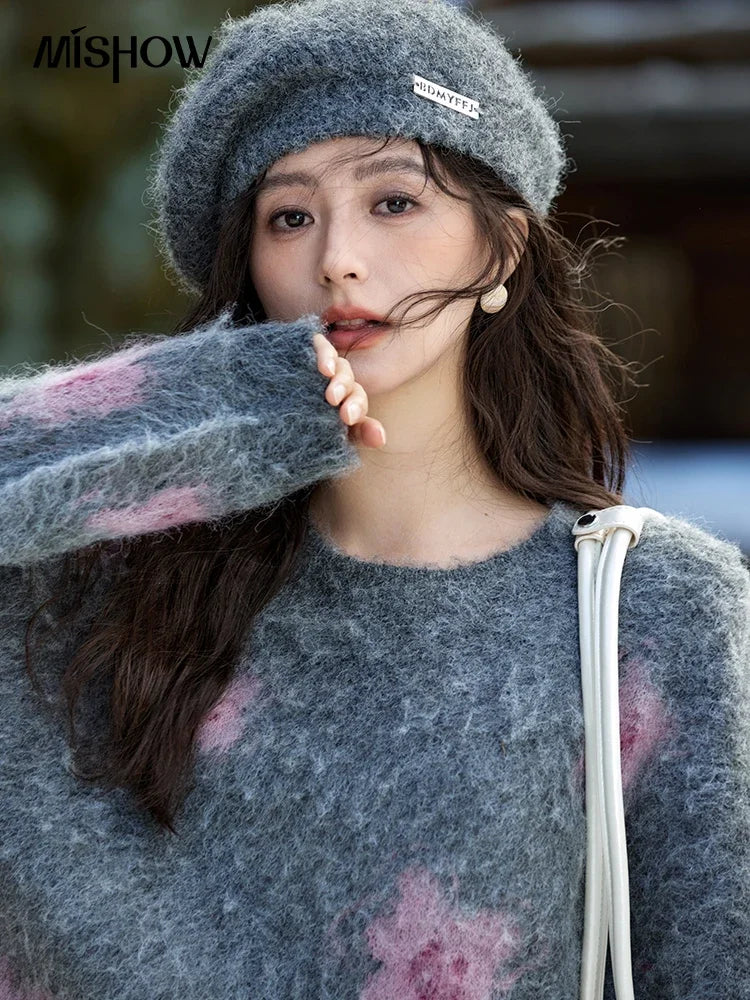 MISHOW Wool Yarn Plush Fur Flower O-Neck Pullover Knitted Sweater Women Clothes Warm Versatile Long-sleeved Tops MXD56Z1001