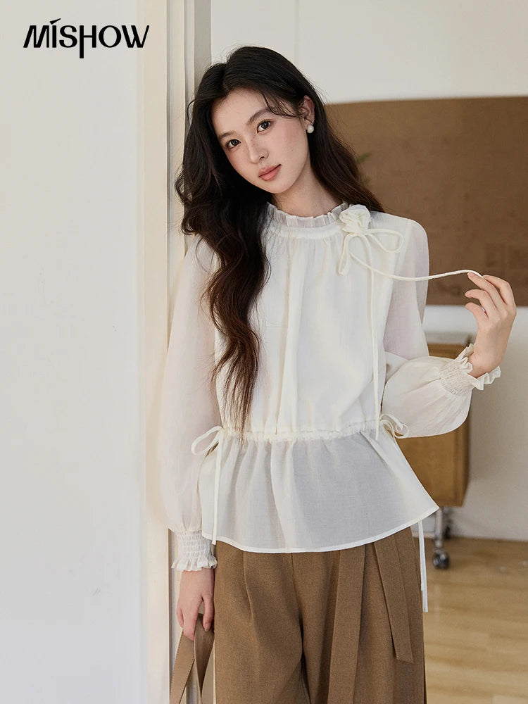 MISHOW Women's Ruffled Stand Collar Blouse 2026 Spring Flower Decor Apricot Blouses Drawstring Waist Puff Sleeve Top MXF11C2428