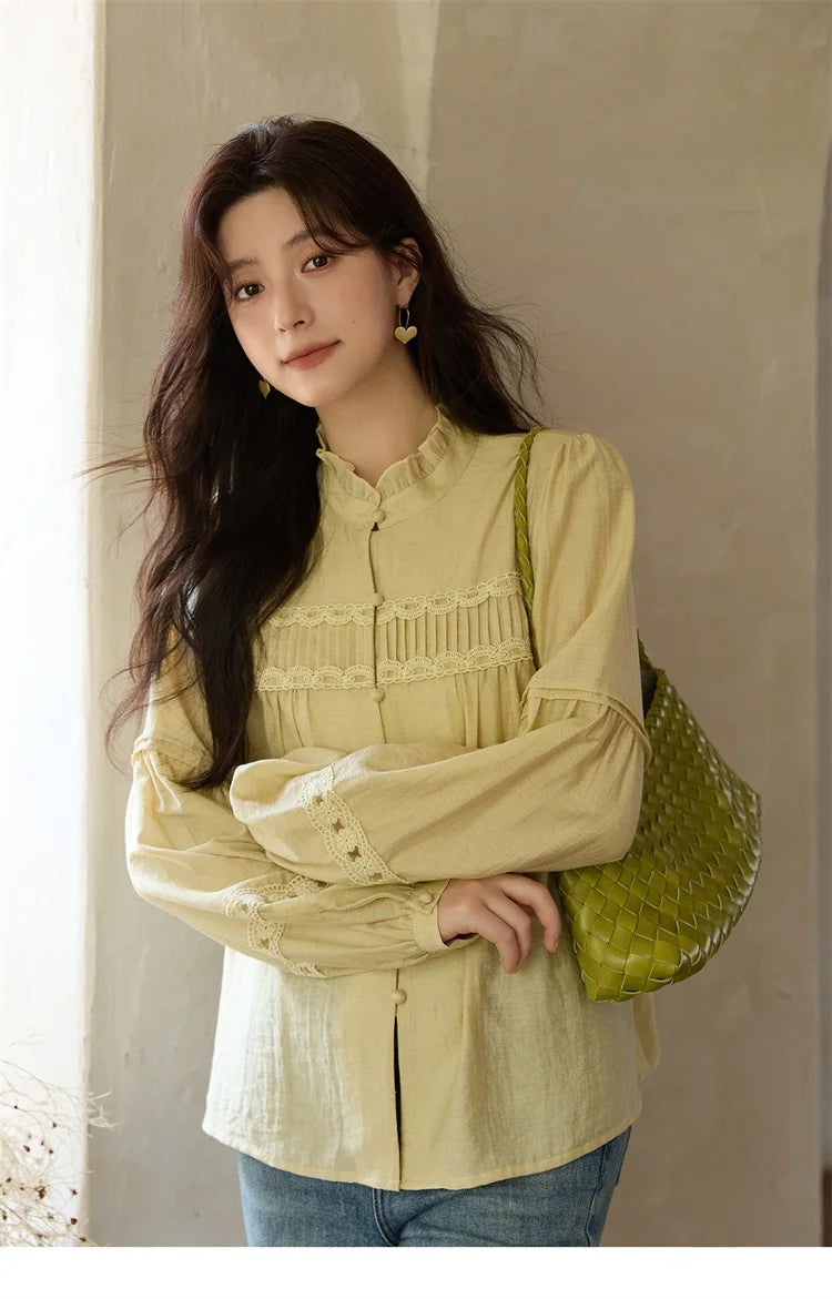 MISHOW Light Yellow Linen Solid Shirt 2025 Autumn Splicing Lace Hollow Sleeves Shirts Stand Collar Top Office Lady MXE42X1976