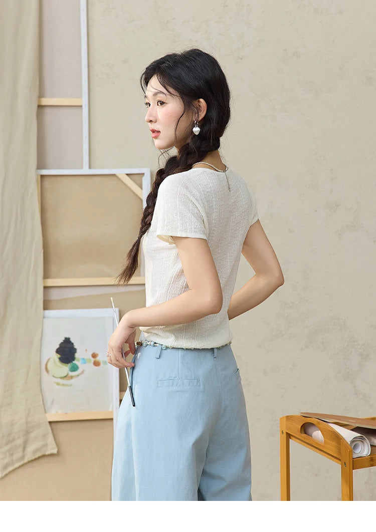 MISHOW Short Sleeved Knitted T-shirt for Women Summer 2025 Twisted Design Dopamine Button Tees Slim Breathable Top MXE34Z1243