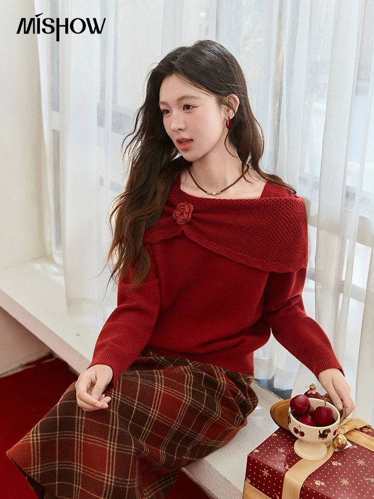 MISHOW New Year Christmas Women's Red Sweater 2025 Autumn Winter Soft Elegant Sweaters 3D Flower Alpaca Knitted Tops MXE94Z2889