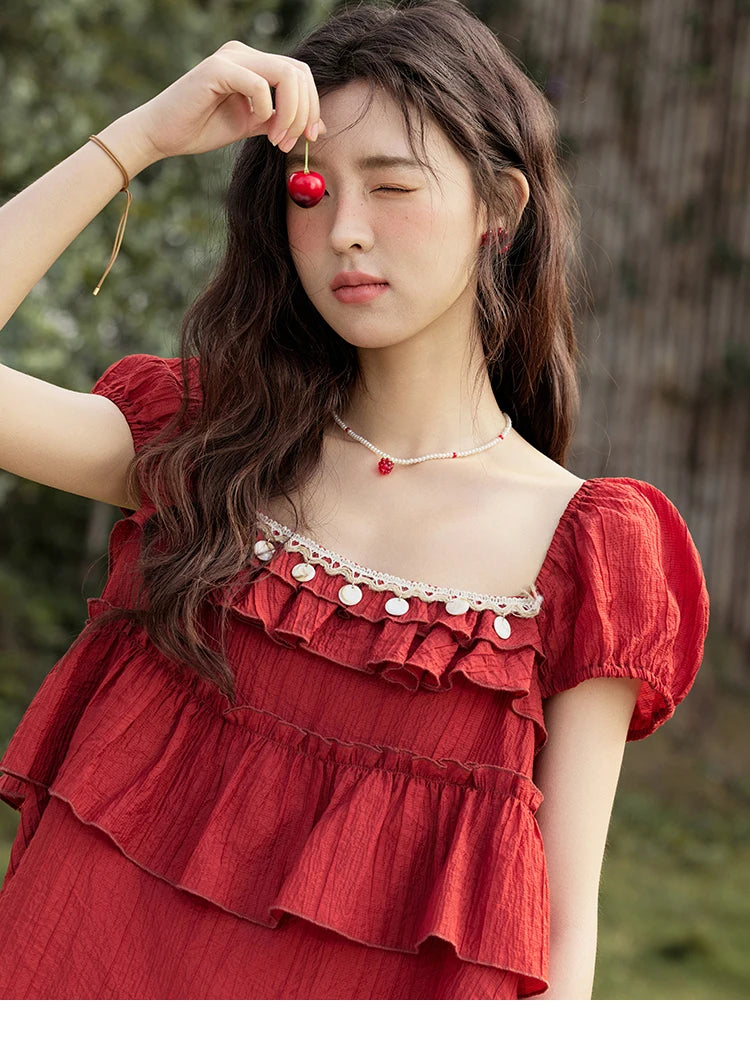 MISHOW Female Fashion Square Collar Loose Blouse 2025 Summer New Commute Puff Sleeve Tierred Top Women's Clothing MXE33X1763