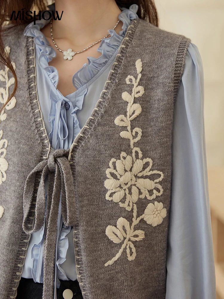 MISHOW Women's Knitted Vests 2025 Autumn Solid Embroidered Vest V-neck Tie Short Loose Outerwear Versatile Knit Top MXE45Z1397