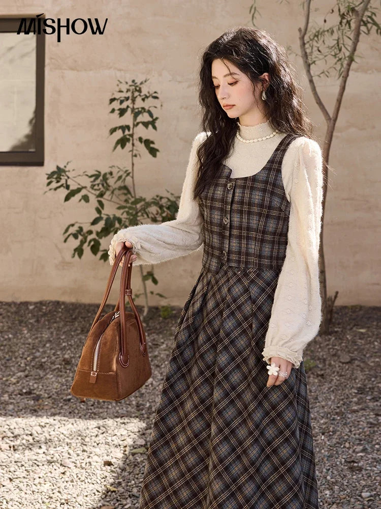 MISHOW Blue Plaid Vest Retro Skirt Separately Women 2024 Winter Retro Plaid Irregular Square Collar Top Midi Skirt MXD44W0454