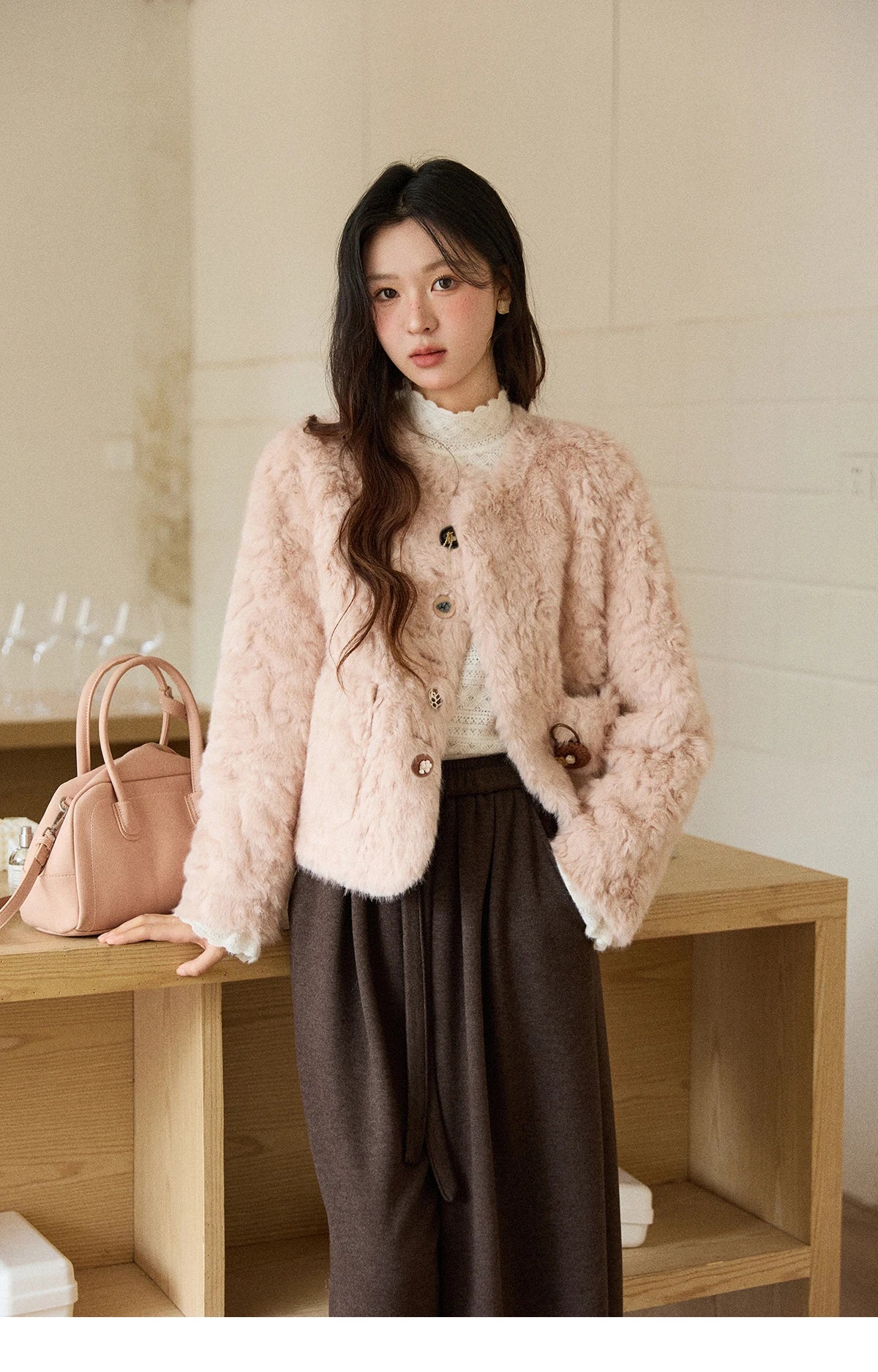 MISHOW Women's Winter Jacket 2025 Sweet Pink Faux Rabbit Fur Coat with Pockets Handcrafted Vintage Buttons Outerwear MXE87W0990