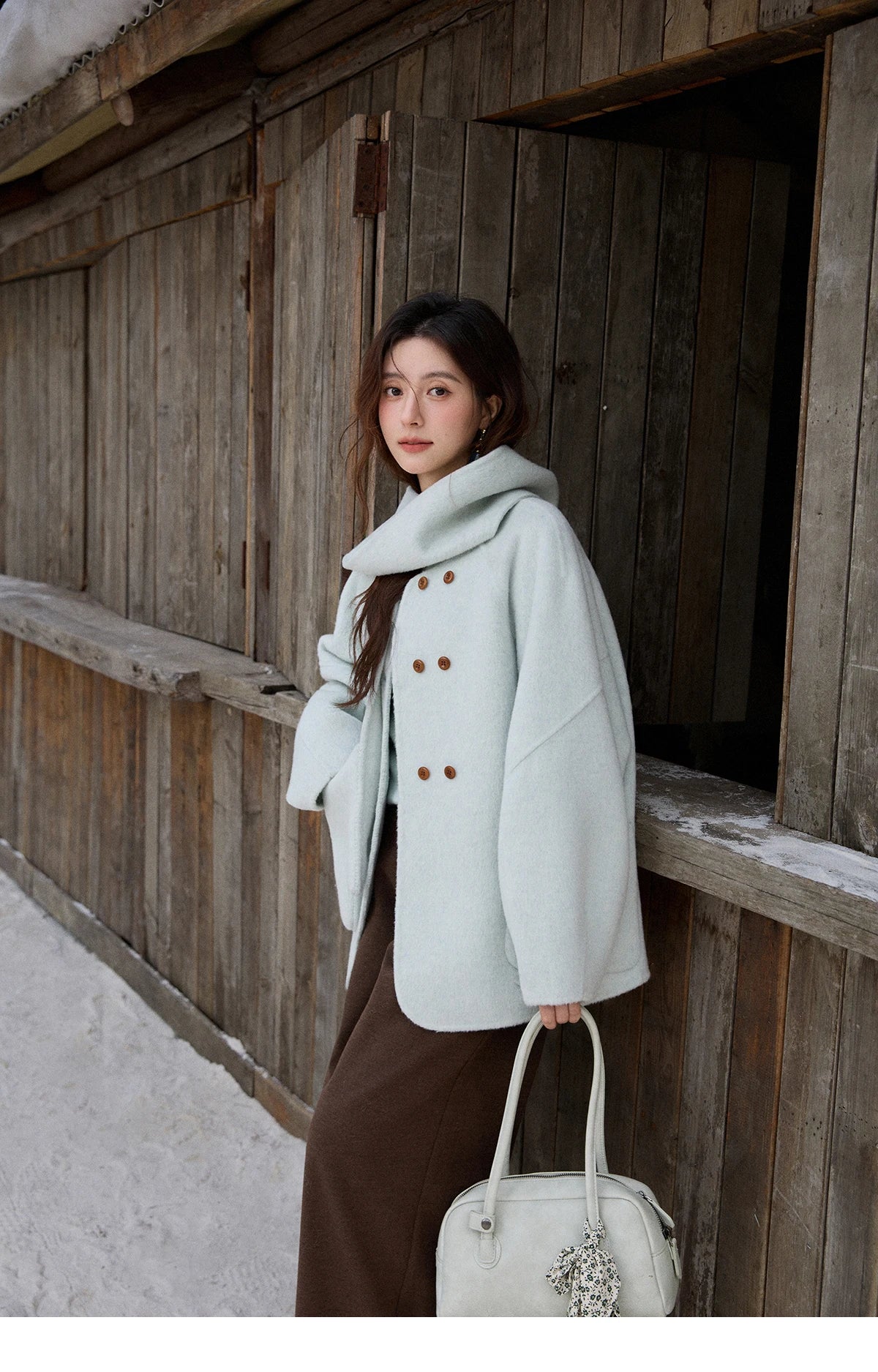 MISHOW 100% Wool Mint Green Double-sided Woolen Coats for Women Winter 2025 Warm Loose Coat with 2-in-1 Scarf Gloves MXE92W1014