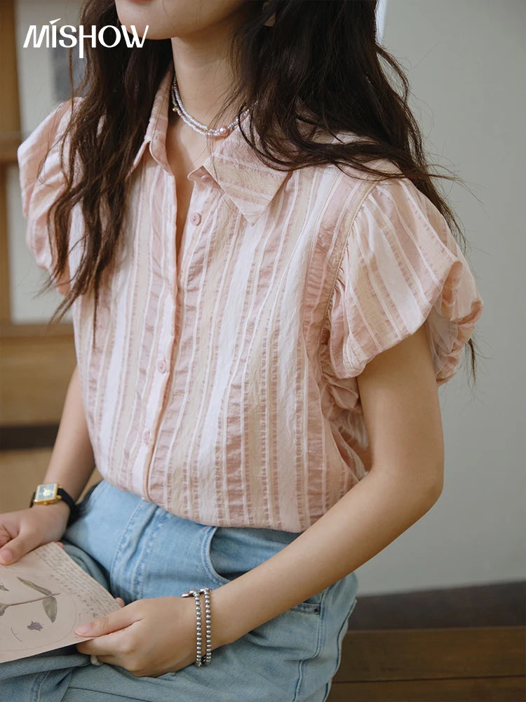 MISHOW Pink Turn-down Collar Flower Bud Sleeve Shirt for Women 2025 Summer New Women's Clothing Button Striped Shirt MXD24C0204