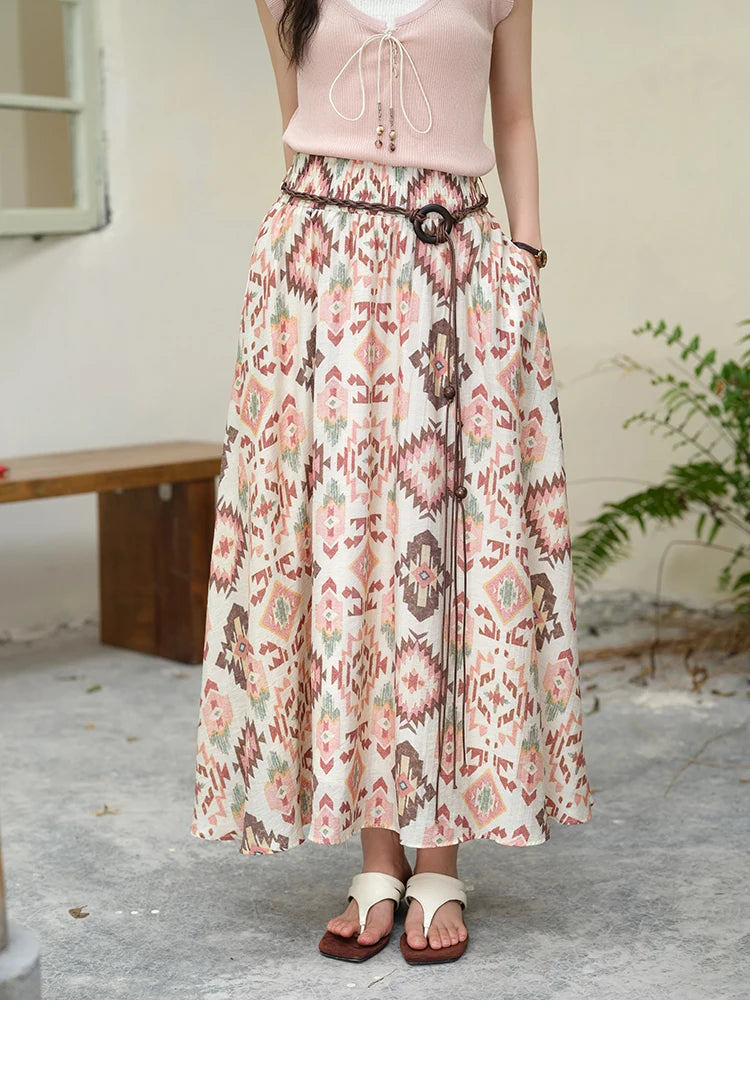 MISHOW Women's Geometric Print Half Skirt 2025 Summer Retro Prairie Chic Pocket Vacation A-line Skirt Female Clothing MXE37B0760