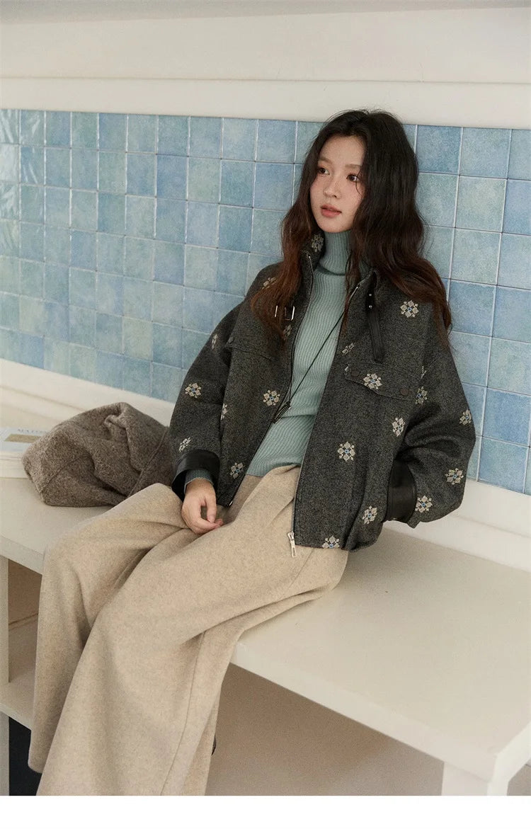 MISHOW Women's Wool Blend Jacket 2025 Winter Retro Small Flower Embroidery Decorated Coat Turtleneck Zipper Jacket MXE86W0906