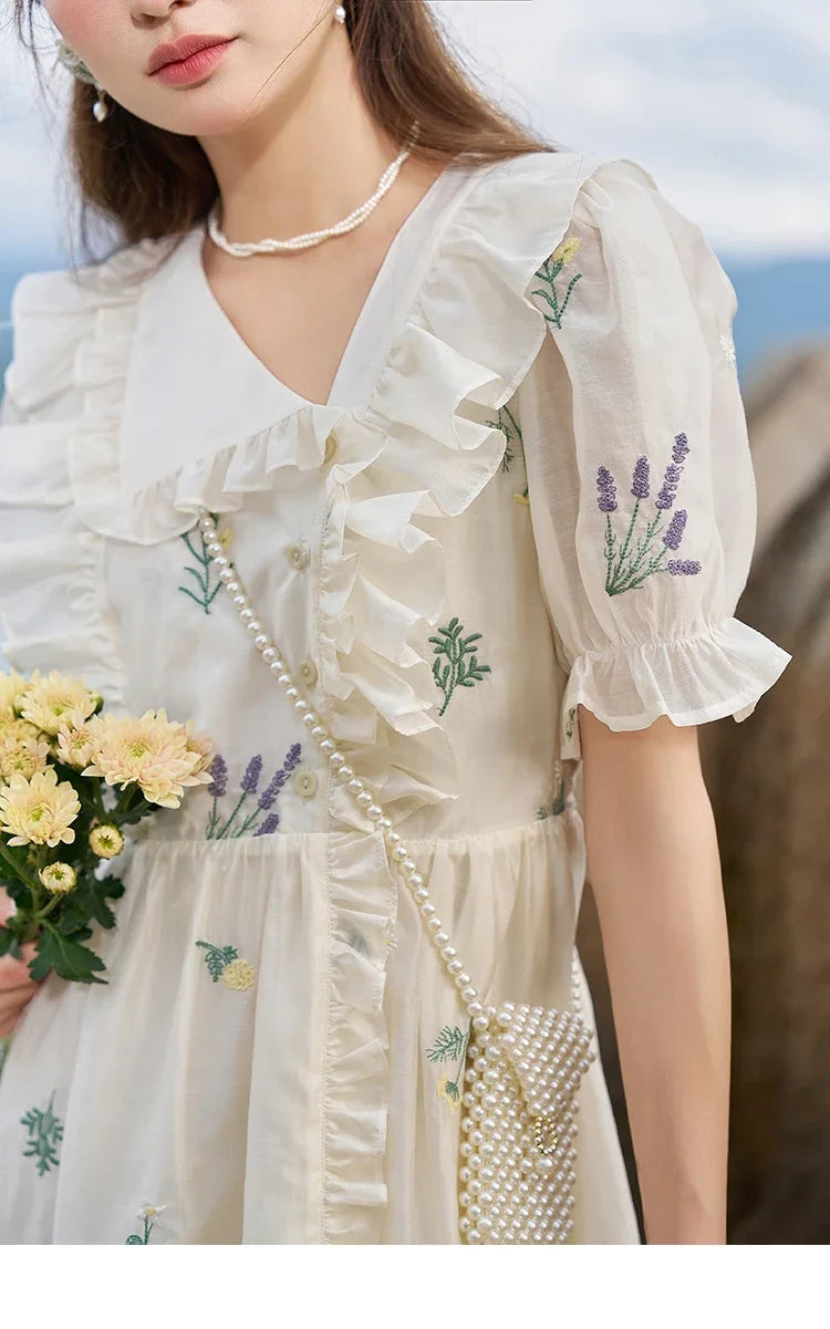 MISHOW Elegant Fairycore Embroidery Flower Dresses 2025 Summer A-line Flare Sleeve Ruffles Sweet Knee-Length Dresses MXC38L1518