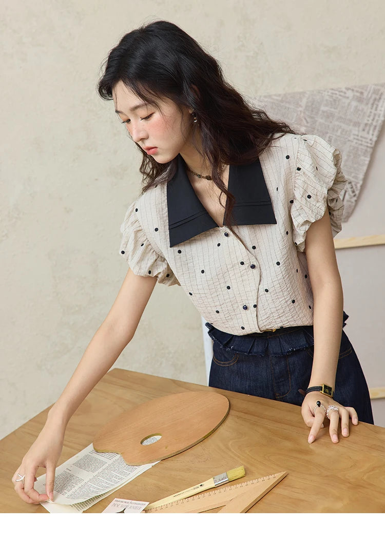 MISHOW Summer Office Lady Blouses Women 2025 Short Sleeve Turn-down Collar Polka Dot Shirts Female Fashion Slim Tops MXE31C0776