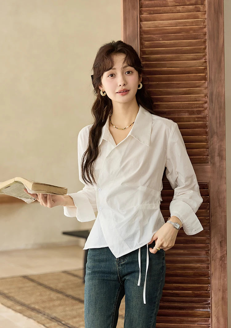 MISHOW French Side Placket Asymmetric Shirt Autumn 2025 Pleated Waist Lapel Shirts Long Sleeve Loose Commuter Tops MXD45C0357