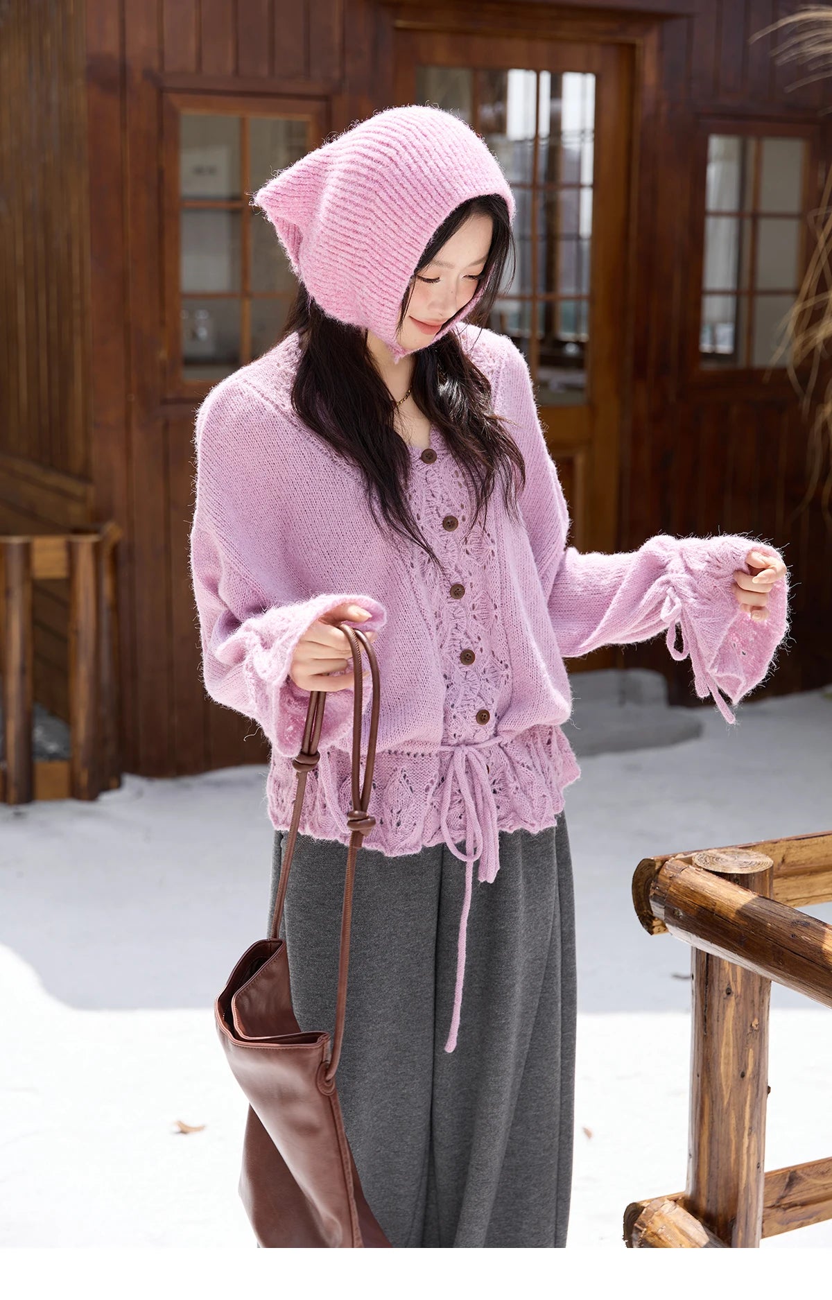 MISHOW Elegant Cardigan Women 2025 Autumn Design Hollow Knit Sweater V-neck Flared Sleeves Loose Casual Sweater MXE47Z2513