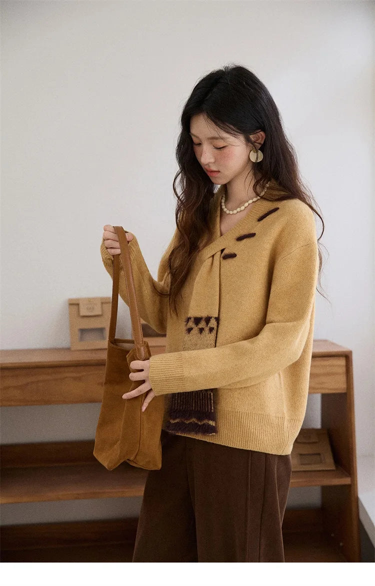 MISHOW Women V-neck Knit Top 2025 French-style Elegant Workwear Long-sleeved Yellow Pullover Women's Winter Clothing MXE87Z2771