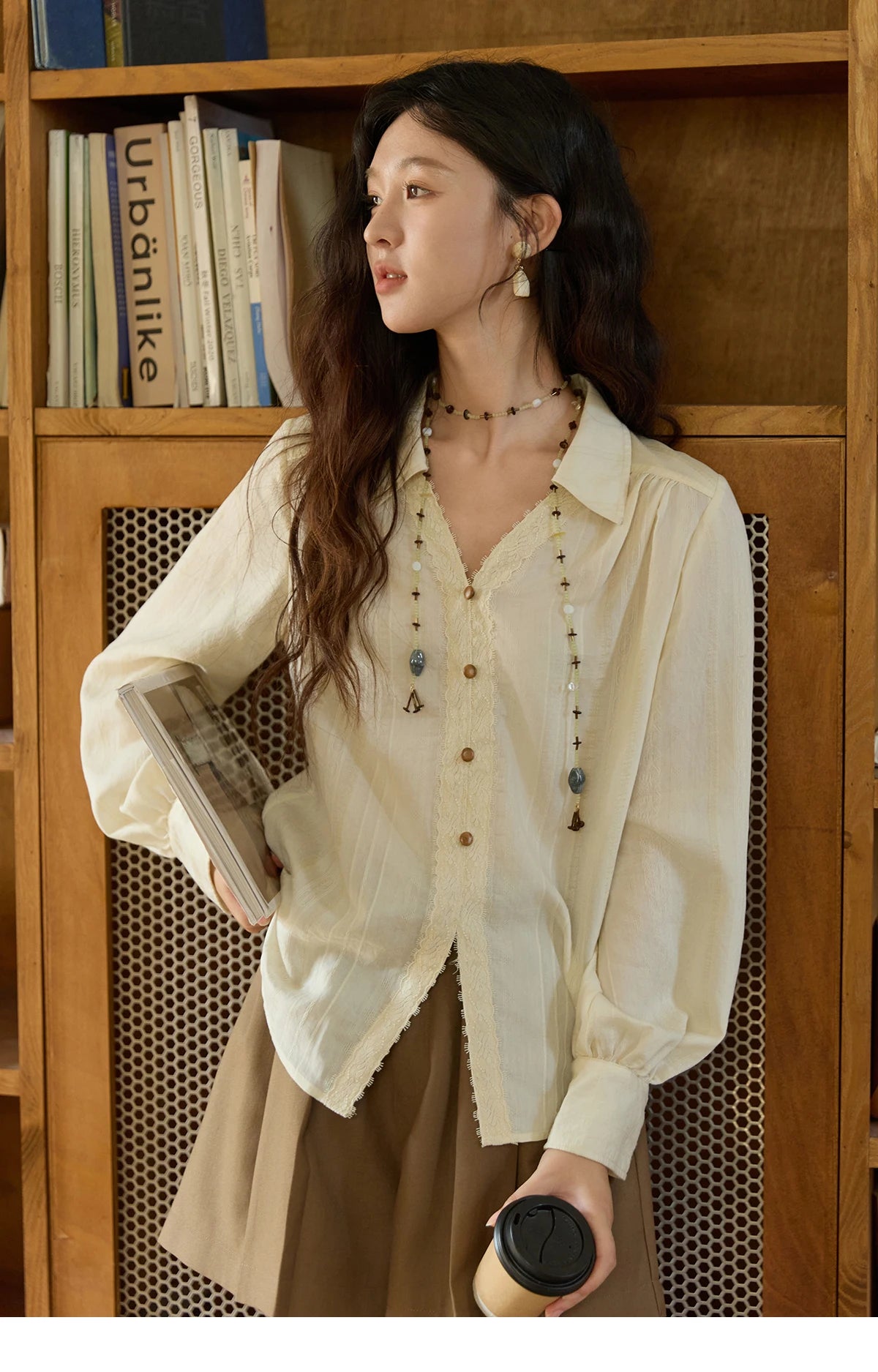 MISHOW Women's French V Neck Lace Panels Shirts 2025 Autumn Elegant Long Sleeve Apricot Top Office Chic Loose Shirt MXE43X2474