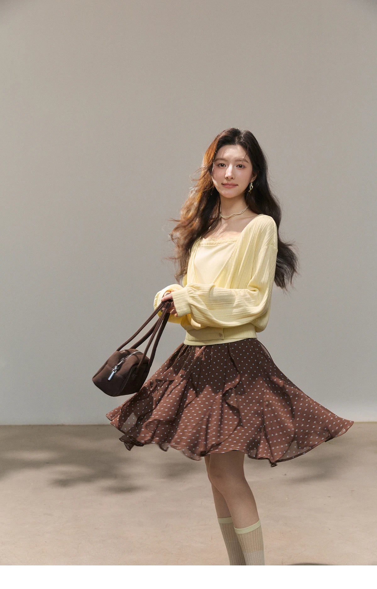 MISHOW Women's Lemon Yellow Two-Piece Set Spring Knitted Lantern Sleeve Pullover Tops Strap Lace Edge Camisole Set MXF13T1513