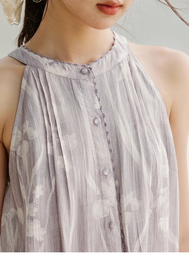 MISHOW Purple Print Chiffon Holiday Dress Women 2025 Summer Sleeveless Stand Collar Slim Dresses Woman New Fashion MXE32L2163