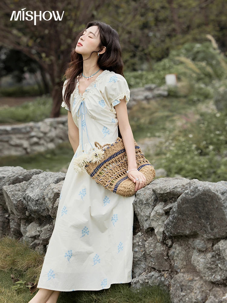 MISHOW French Print Summer Dresses for Women 2025 New Short Puff Sleeve V-neck Slimming Dress Female Fashion Cotton MXE32L2210