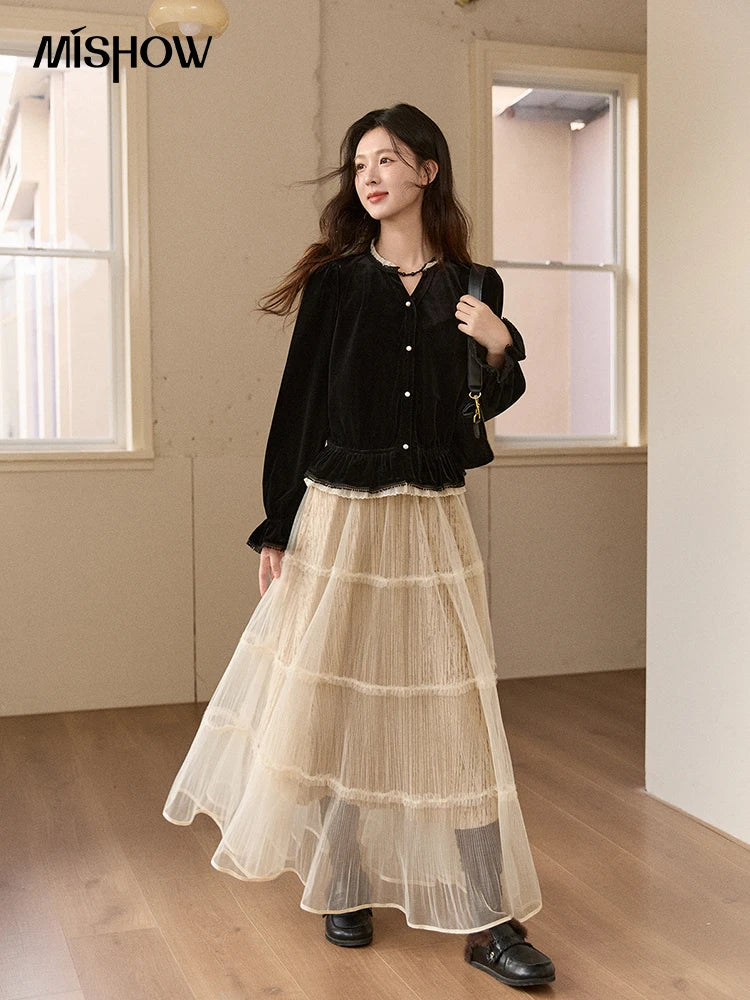 MISHOW Women's Black Velvet Shirts 2025 Winter Retro Splicing Lace Tops Ruffle Hem Pearl Button Puff Sleeve Shirt MXE94X2516