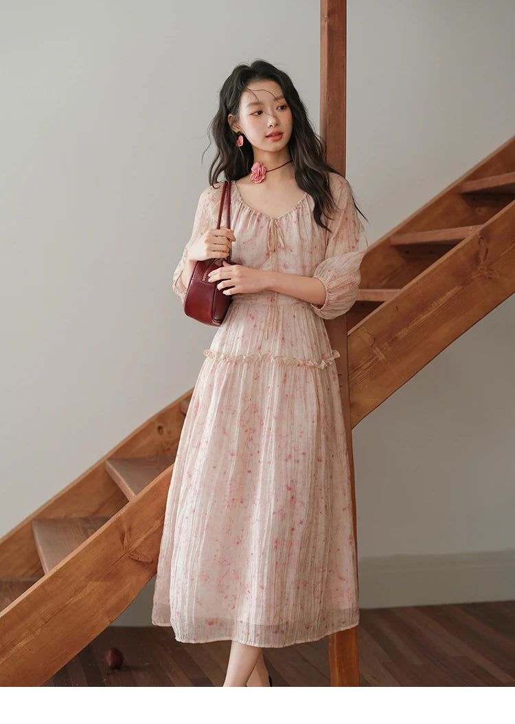 MISHOW Korean Women's Floral Pink Dress Autumn Convertible V Neck Off Shoulder Bubble Sleeves Elastic Waist Dresses MXE41L2479