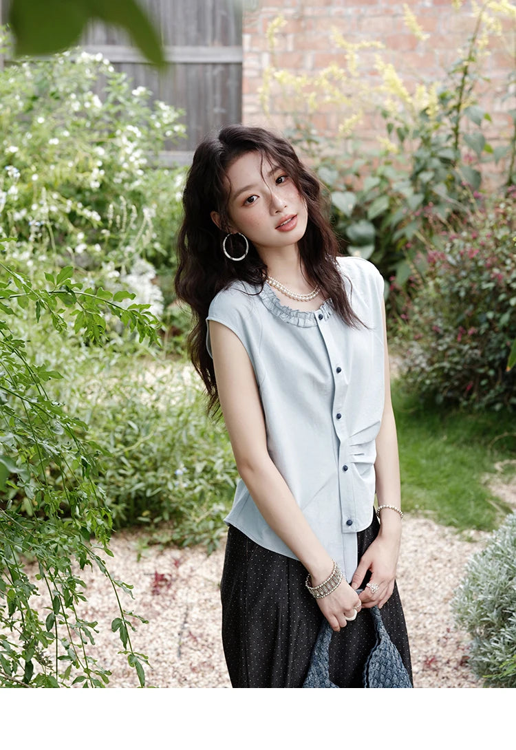 MISHOW Women's Casual Round Neck Shirt 2025 Summer New Office Lady Slim Shirt Sleeveless Button Top Female Clothing MXE38X1864