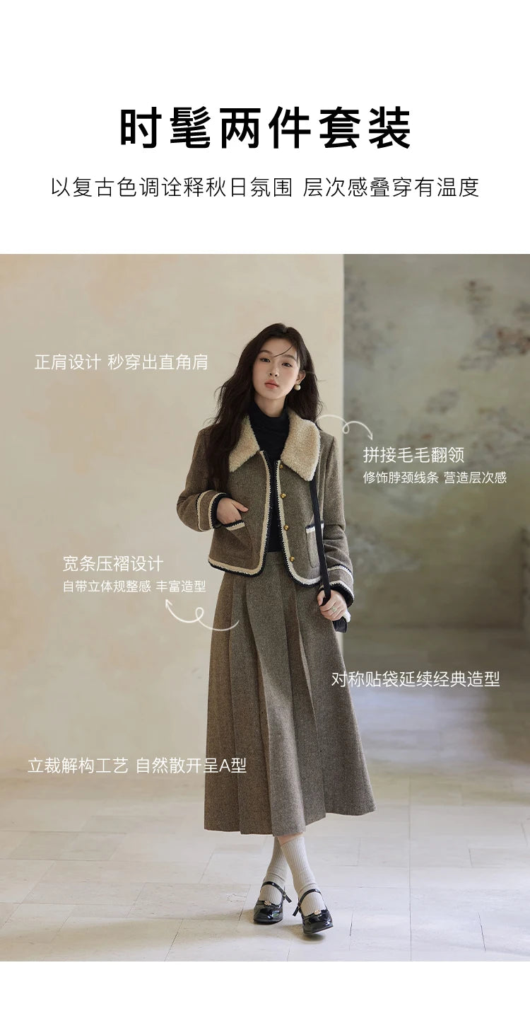 MISHOW Vintage Midi Skirts Coat Seprately Women 2024 Winter Turn Down Collar Plaid Tweed Jacket A-Line Pleated Skirt MXD56W0569