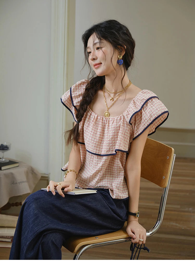 MISHOW Two-Piece Ladies Set Square Neck Ruffles Plaid Blouse High Waist Slim Wide Leg Casual Pants Set 2025 Summer MXE36T0636