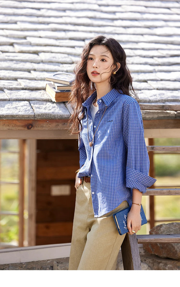 MISHOW Fashion Retro Blue Checkered Shirt Women's Autumn New Loose Casual Lapel Cotton Shirts Long Sleeves Tops Women MXE11C0398