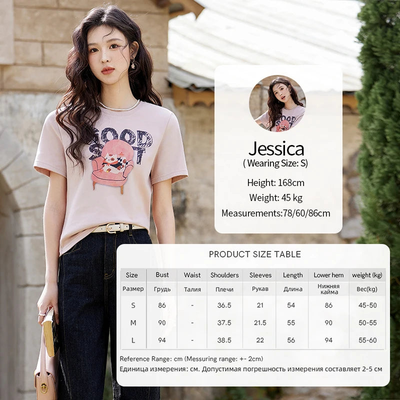 MISHOW Printed Cotton T-shirts for Women Spring 2025 Loose Slim Short Round Neck Tees Versatile Soft Casual Tops MXE13T0461