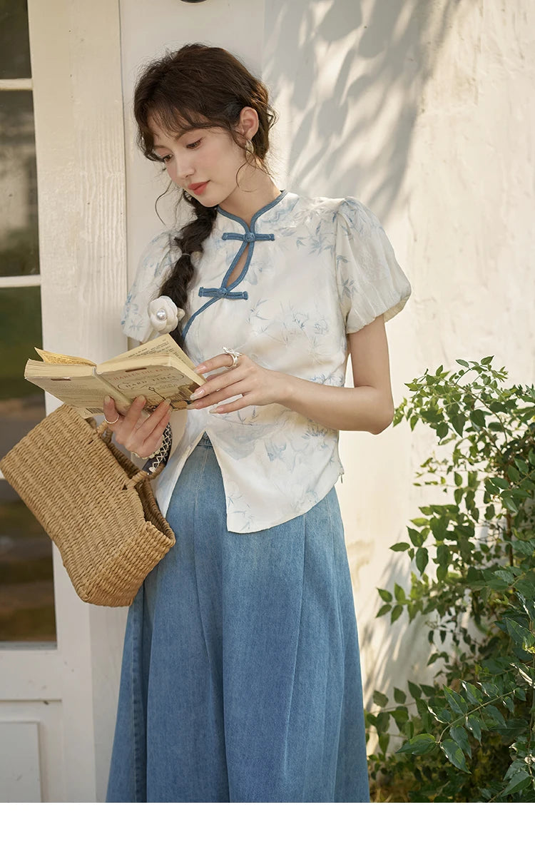 MISHOW Chinese Embroidered T-shirt High Waist Skirt Separately Summer 2024 Short Sleeve Split Hem Tops Denim Skirts MXD28X1604