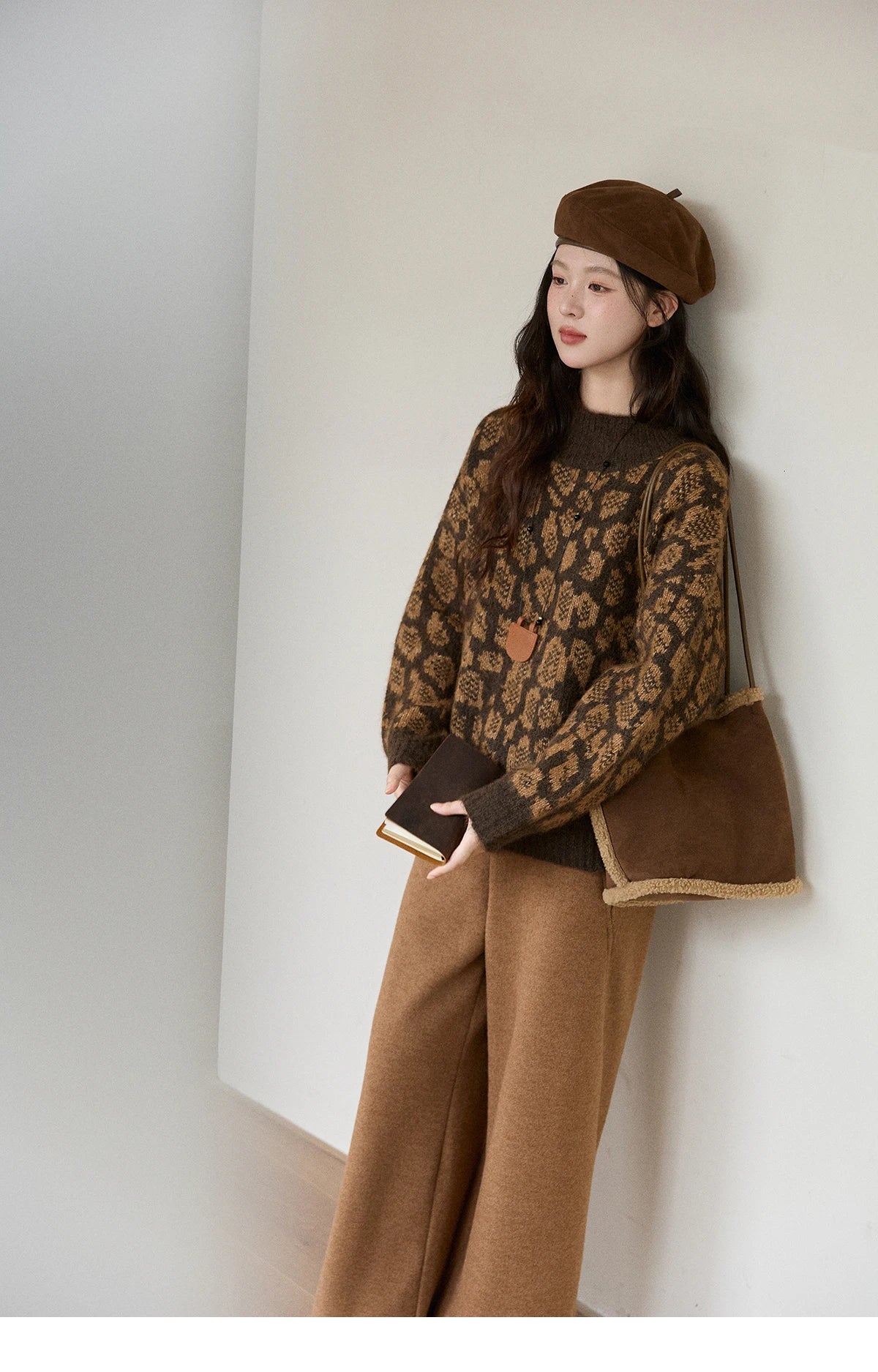 MISHOW Women's Color Block Geometric Leopard Jacquard Sweater Winter French Half Turtleneck Dropped Sleeve Knitwear MXE91Z2839