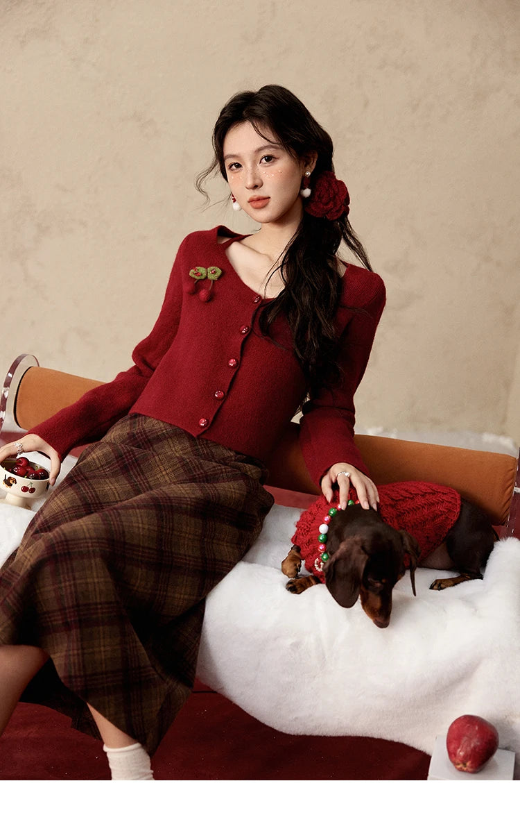 MISHOW Red Knitted Short Cardigan Women Autumn Winter New Cherry Ornaments Sweet Slim Fit V-neck Long Sleeve Tops MXD112Z1006