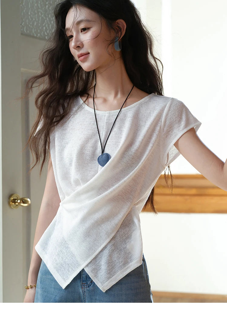 MISHOW Round Neck Knitted T-Shirt Irregular Design Button MXE39T0709