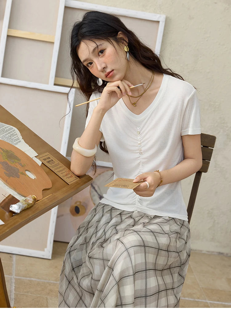 MISHOW V-neck Short Sleeve T-shirt Summer 2025 Mid Front Elastic Fold Single Row Shell Button Tees Casual Slim Tops MXE34T0560