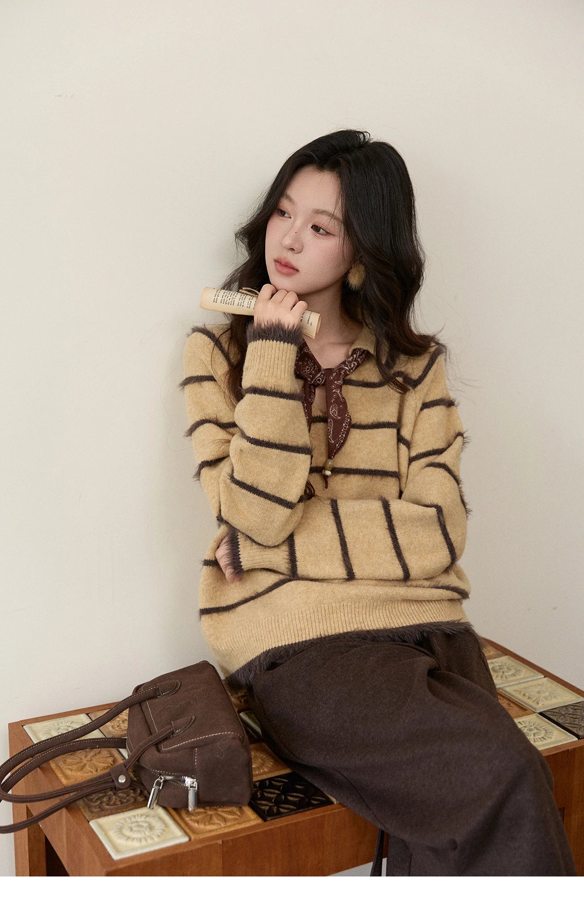 MISHOW Women's Faux Mink Fur Striped Sweater 2025 Winter Loose Lapel Tassel Hem Thickened Knitwwear Excluding Scarves MXE93Z2945