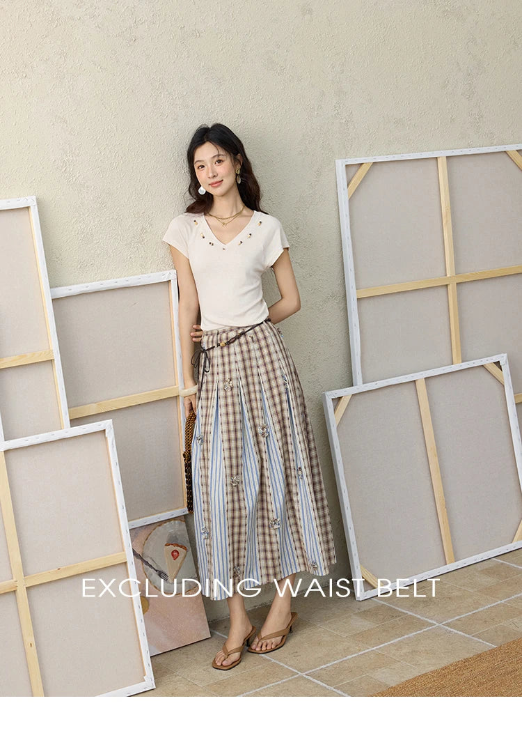 MISHOW Retro Plaid Patchwork Pleats Skirt Summer 2025 Versatile Flowers Slim Skirt A-LINE Skirts Excluding Waist Belt MXE35B0726